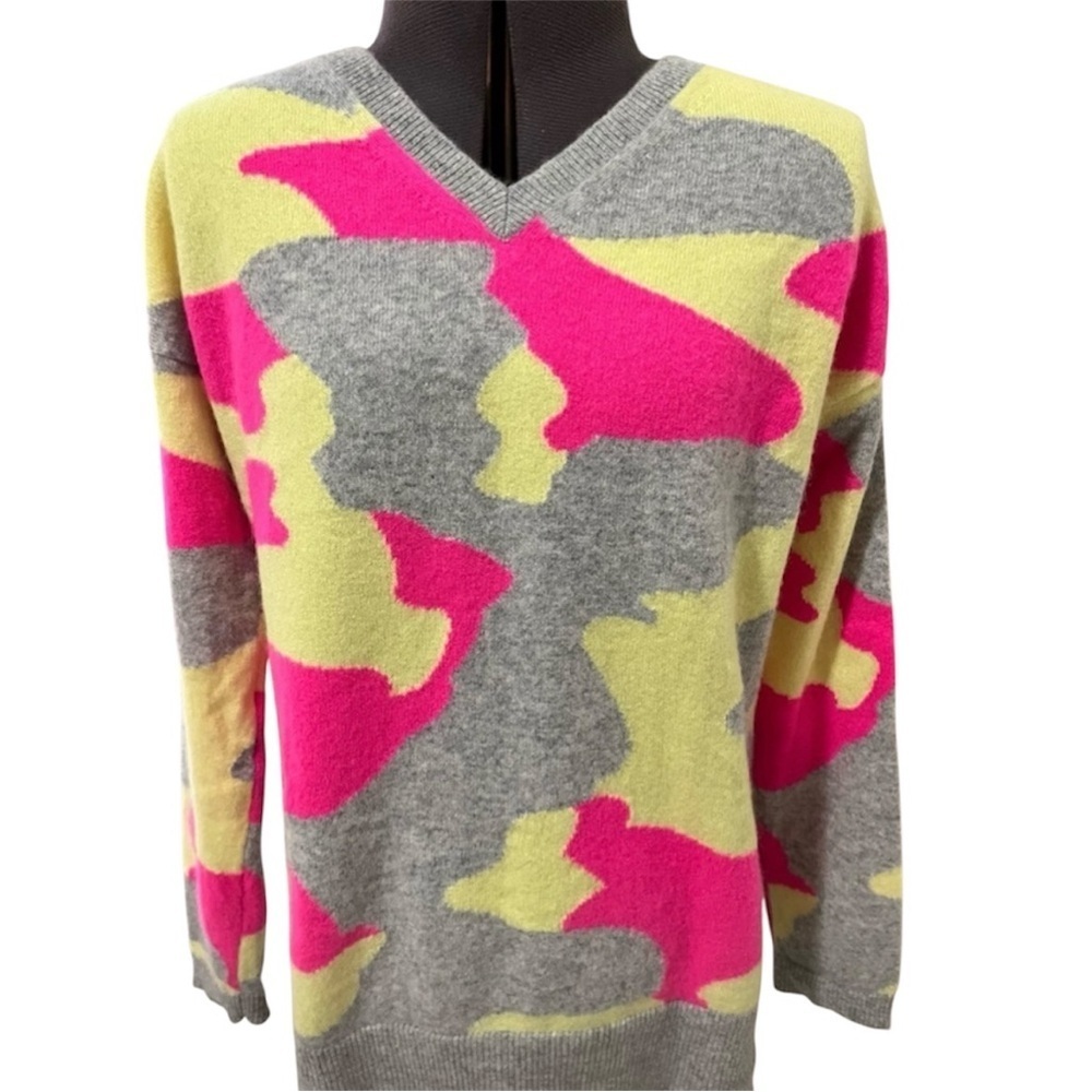 Pure Amici 100% Cashmere Bright Camo Print V Neck Sweater Size XS